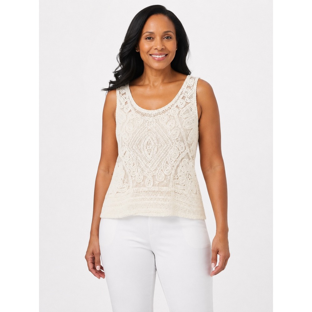 Ultra Pink Ivory Crochet Lace Sleeveless Top Size Large Boho